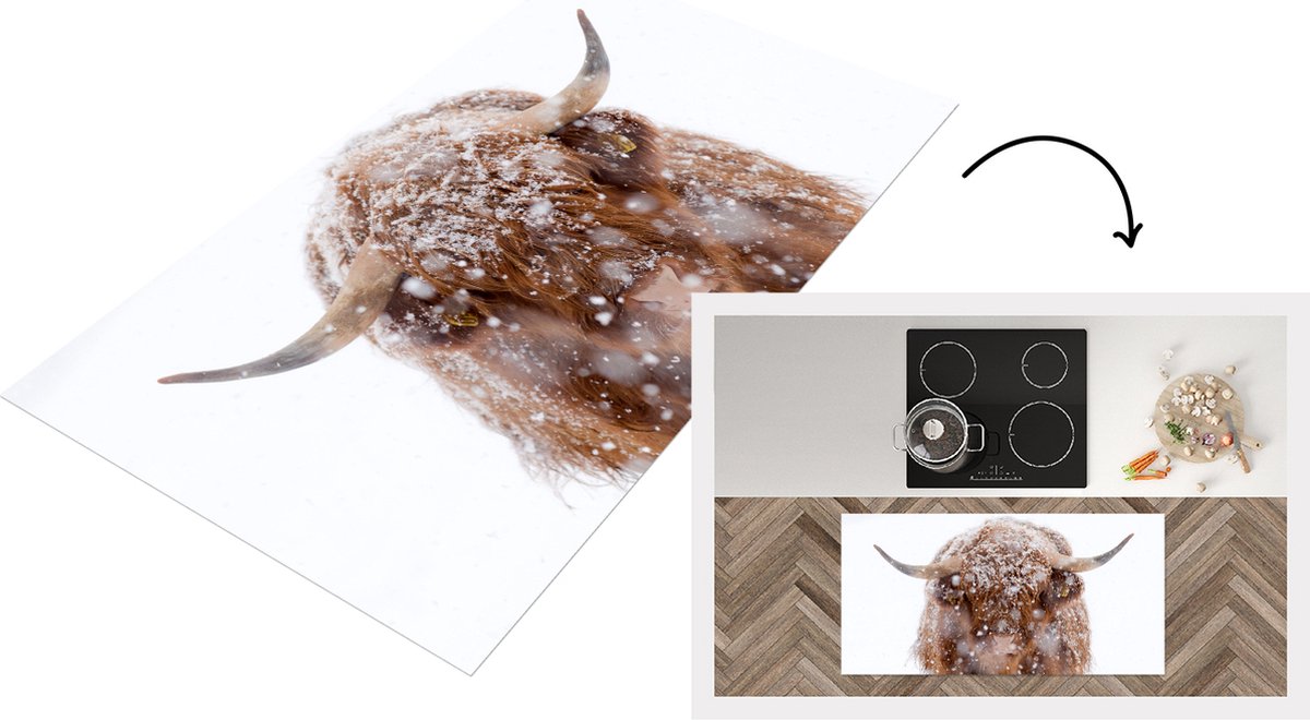 KitchenYeah Keukenloper - Loper keuken - Schotse Hooglander - Horens - Sneeuw - 120x60 cm - Keukenloper vinyl Multicolor