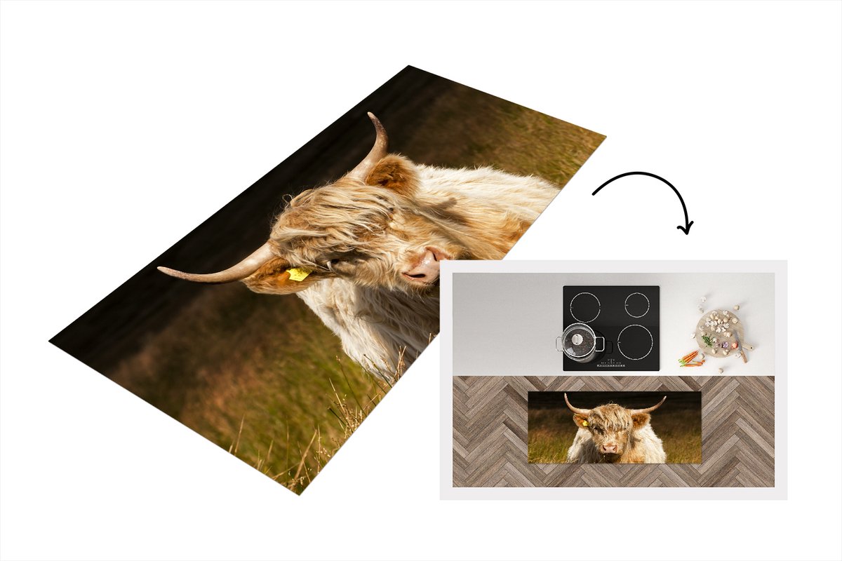 KitchenYeah Keukenloper - Loper keuken - Schotse Hooglander - Licht - Gras - Dieren - 120x50 cm - Keukenloper vinyl Multicolor