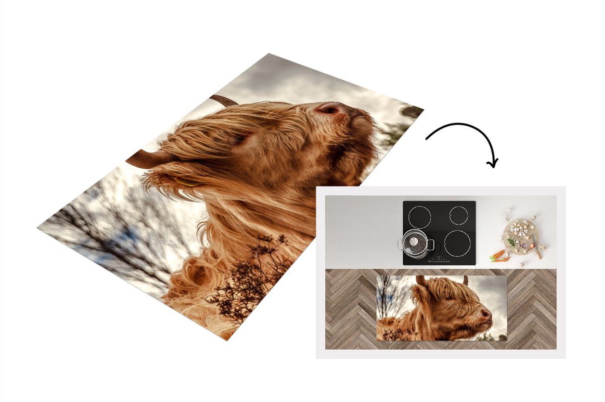 KitchenYeah Keukenloper - Loper keuken - Schotse Hooglander - Struik - Heide - 120x60 cm - Keukenloper vinyl Multicolor