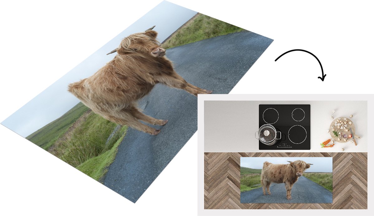 KitchenYeah Keukenloper - Loper keuken - Schotse Hooglander - Weg - Gras - 120x60 cm - Keukenloper vinyl Multicolor