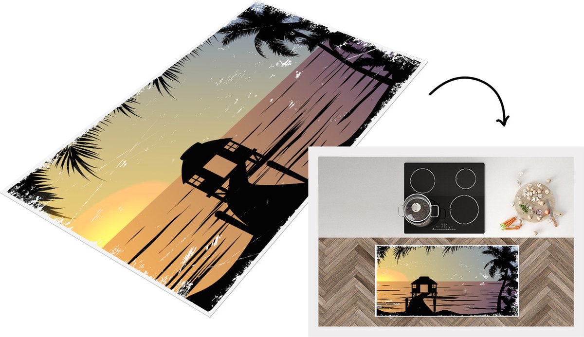 KitchenYeah Keukenloper - Loper keuken - Zee - Pier - Palmbladeren - Nacht - 120x60 cm - Keukenloper vinyl Multicolor