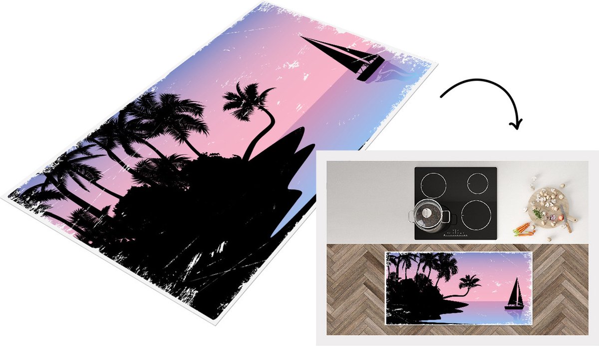 KitchenYeah Keukenloper - Loper keuken - Eiland - Palmboom - Zeilboot - Nacht - 120x60 cm - Keukenloper vinyl Multicolor