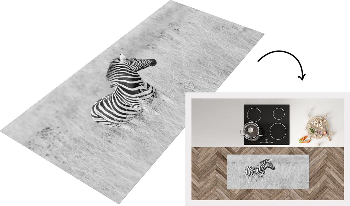 KitchenYeah Keukenloper - Loper keuken - Zebra in het grasland - 120x50 cm - Keukenloper vinyl Multicolor
