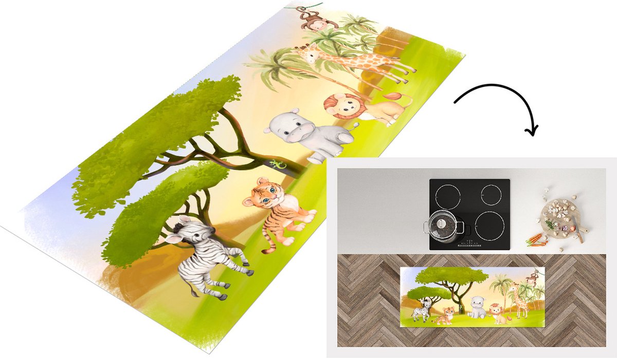 KitchenYeah Keukenloper - Loper keuken - Jungle - Dieren - Kinderen - 120x50 cm - Keukenloper vinyl Multicolor