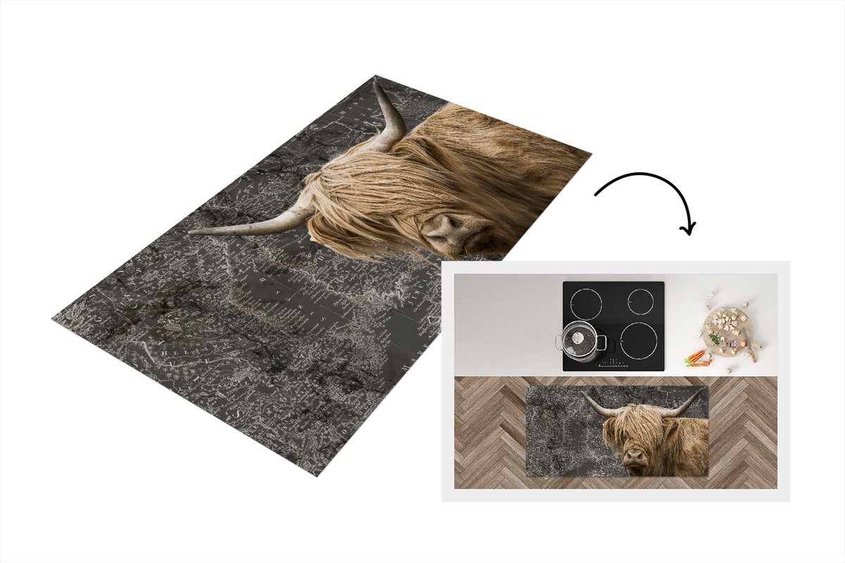 KitchenYeah Keukenloper - Loper keuken - Schotse hooglander - Wereldkaart - Dieren - 120x60 cm - Keukenloper vinyl Multicolor
