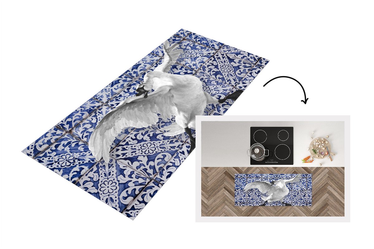 KitchenYeah Keukenloper - Loper keuken - Delfts Blauw - Zwaan - Oude Meesters - 120x50 cm - Keukenloper vinyl Multicolor