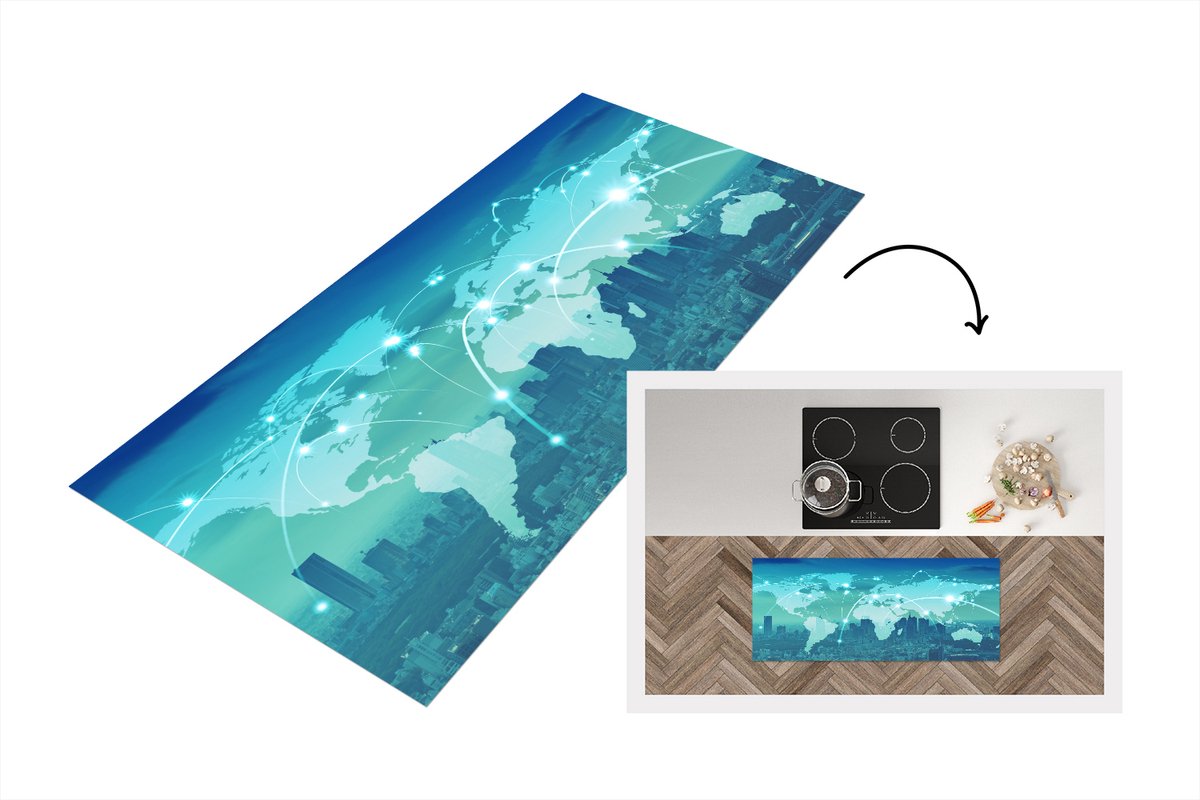 KitchenYeah Keukenloper - Loper keuken - Wereldkaart - Netwerk - Blauw - Keukenloper vinyl Multicolor