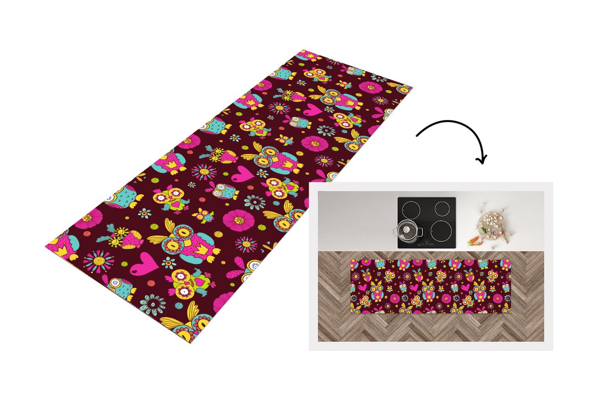 KitchenYeah Keukenloper - Loper keuken - Meisjes - Uil - Chocolade - Patronen - 180x60 cm - Keukenloper vinyl Multicolor