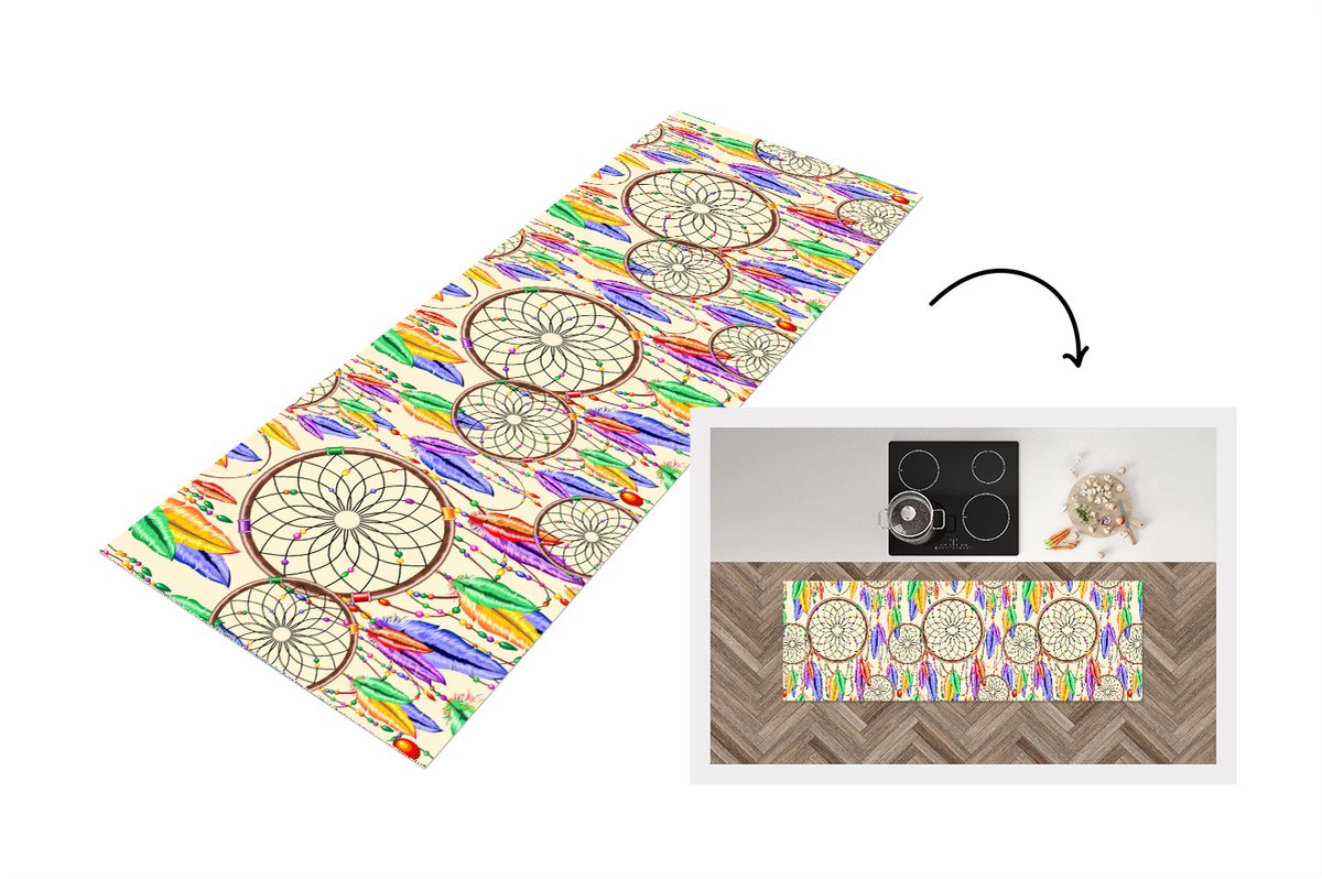 KitchenYeah Keukenloper - Loper keuken - Dromenvanger - Veren - Patronen - 150x50 cm - Keukenloper vinyl Multicolor