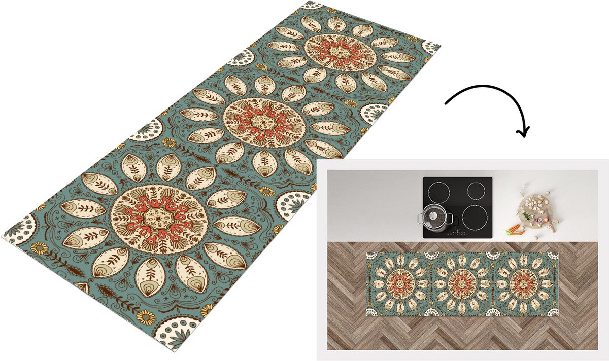 KitchenYeah Keukenloper - Loper keuken - Mandala - Retro - Bohemian - Patroon - 150x50 cm - Keukenloper vinyl Multicolor