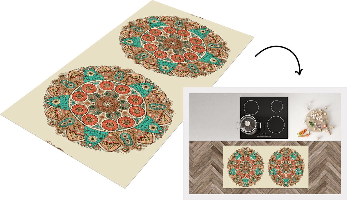 KitchenYeah Keukenloper - Loper keuken - Mandala - Patronen - Pauw - 120x60 cm - Keukenloper vinyl Multicolor