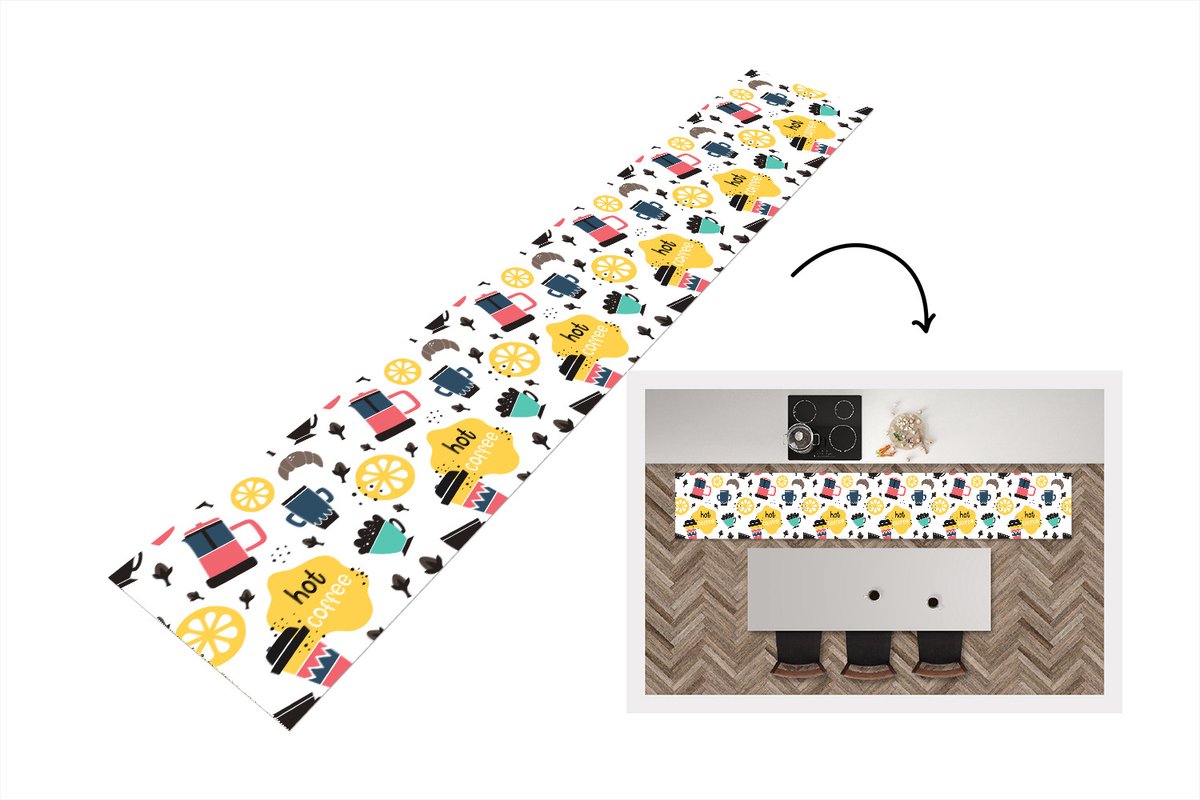 KitchenYeah Keukenloper - Loper keuken - Patronen - Koffie - Ontbijt - Croissant - 300x50 cm - Keukenloper vinyl Multicolor