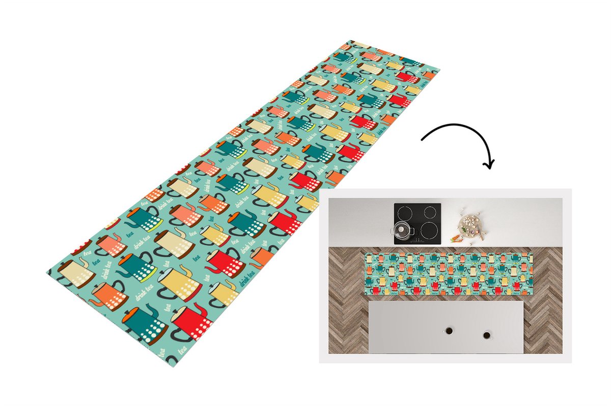 KitchenYeah Keukenloper - Loper keuken - Patronen - Thee - Theepot - Vintage - 240x60 cm - Keukenloper vinyl Multicolor