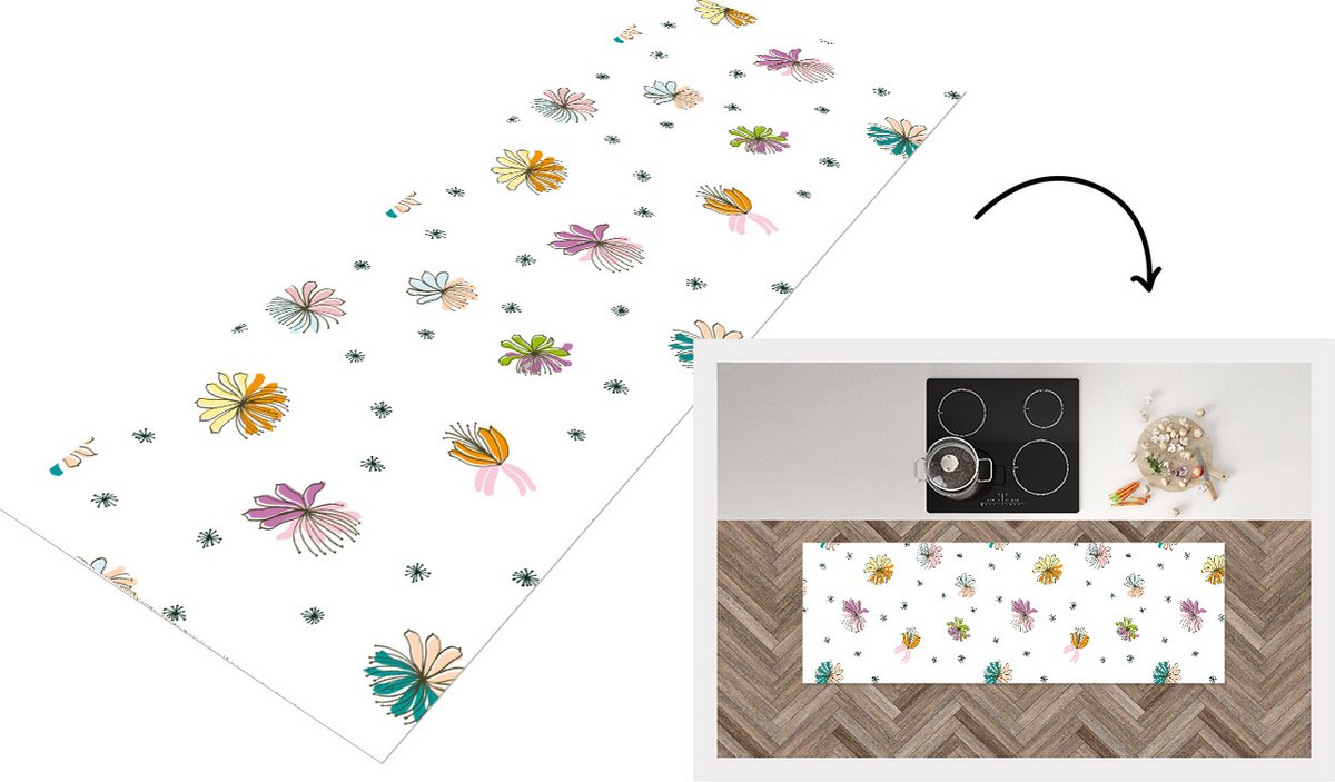 KitchenYeah Keukenloper - Loper keuken - Bloemen - Regenboog - Flora - Pastel - Patronen - 180x60 cm - Keukenloper vinyl Multicolor
