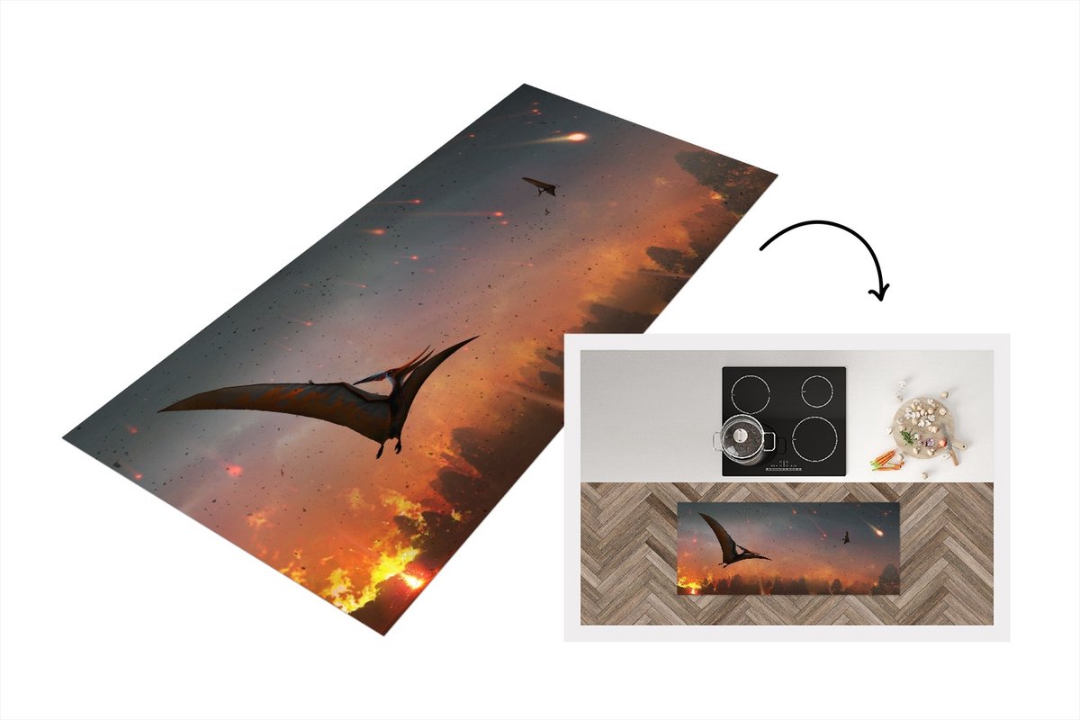 KitchenYeah Keukenloper - Loper keuken - Dinosaurus - Stenen - Lava - Illustratie - 120x50 cm - Keukenloper vinyl Multicolor