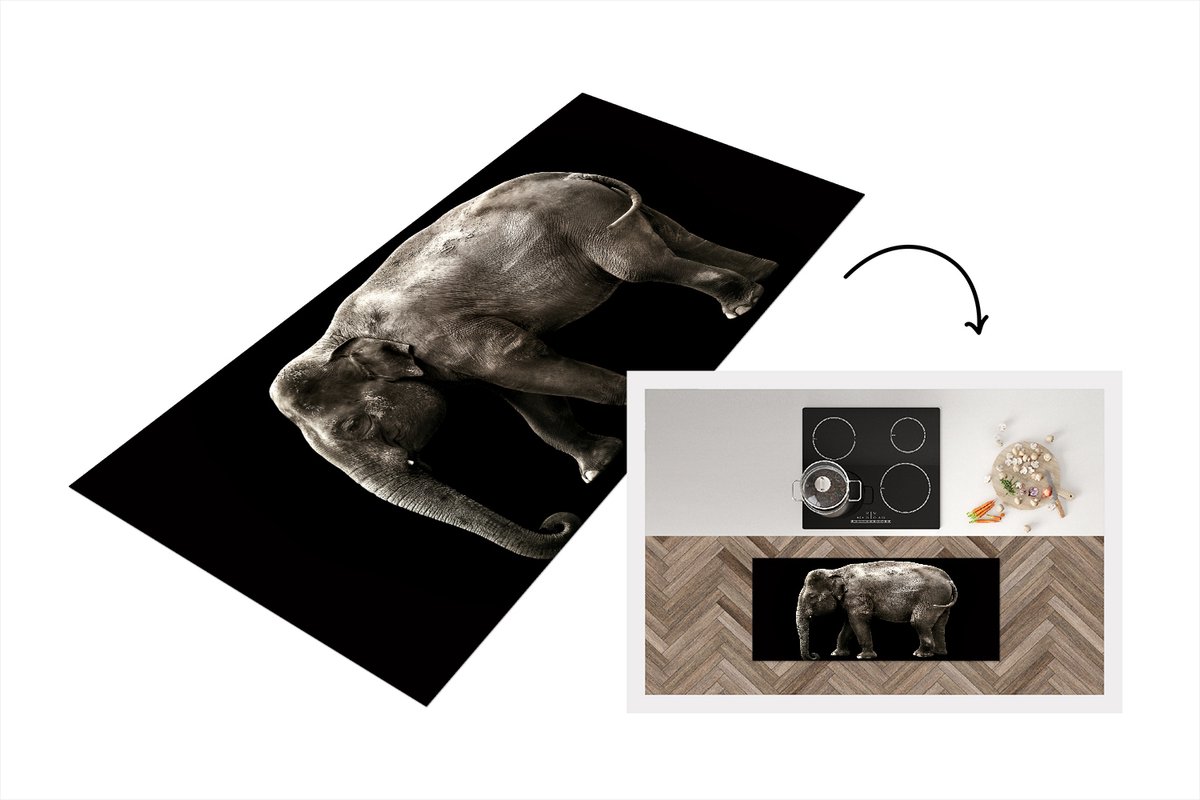 KitchenYeah Keukenloper - Loper keuken - Olifant - Wilde dieren - Zwart - 120x50 cm - Keukenloper vinyl Multicolor
