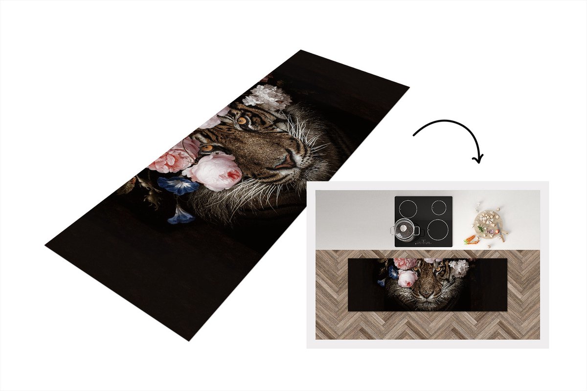 KitchenYeah Keukenloper - Loper keuken - Tijger - Bloemen - Zwart - 180x60 cm - Keukenloper vinyl Multicolor