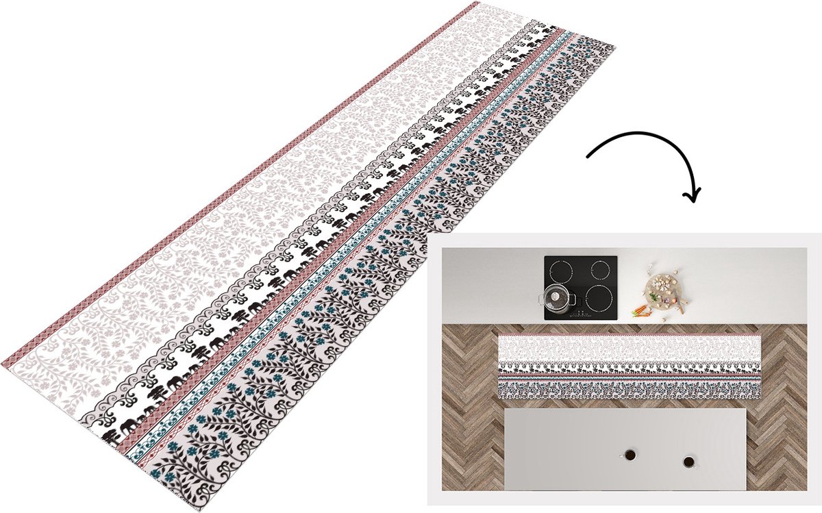 KitchenYeah Keukenloper - Loper keuken - Patronen - Safari - Olifant - Afrika - 200x50 cm - Keukenloper vinyl Multicolor