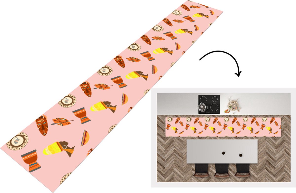 KitchenYeah Keukenloper - Loper keuken - Afrika - Djembé - Patronen - Afrikaanse maskers - 300x50 cm - Keukenloper vinyl Multicolor