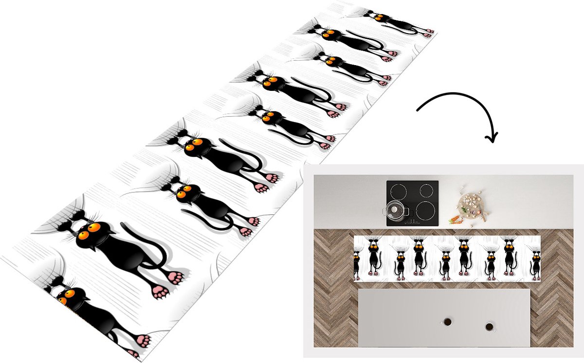 KitchenYeah Keukenloper - Loper keuken - Patroon - Kat - Zwart - 200x50 cm - Keukenloper vinyl Multicolor
