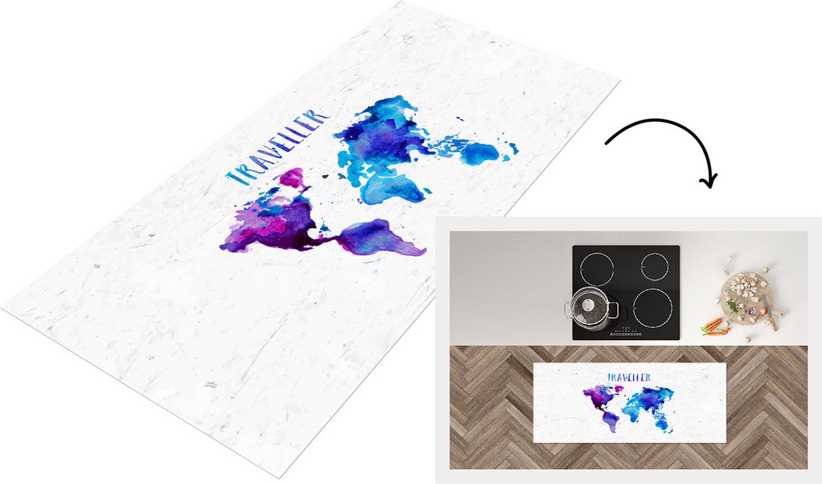 KitchenYeah Keukenloper - Loper keuken - Wereldkaart - Quotes - Waterverf - 120x50 cm - Keukenloper vinyl Multicolor