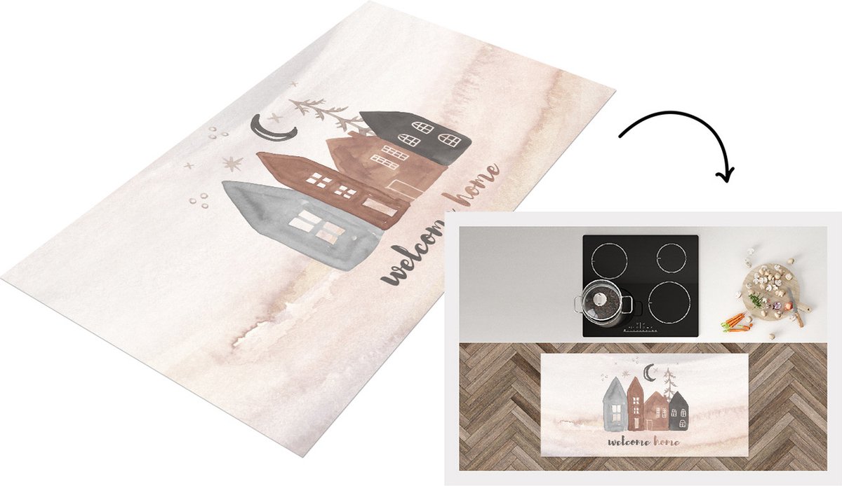 KitchenYeah Keukenloper - Loper keuken - Welkom Thuis - Winter - Huis - 120x60 cm - Keukenloper vinyl Multicolor