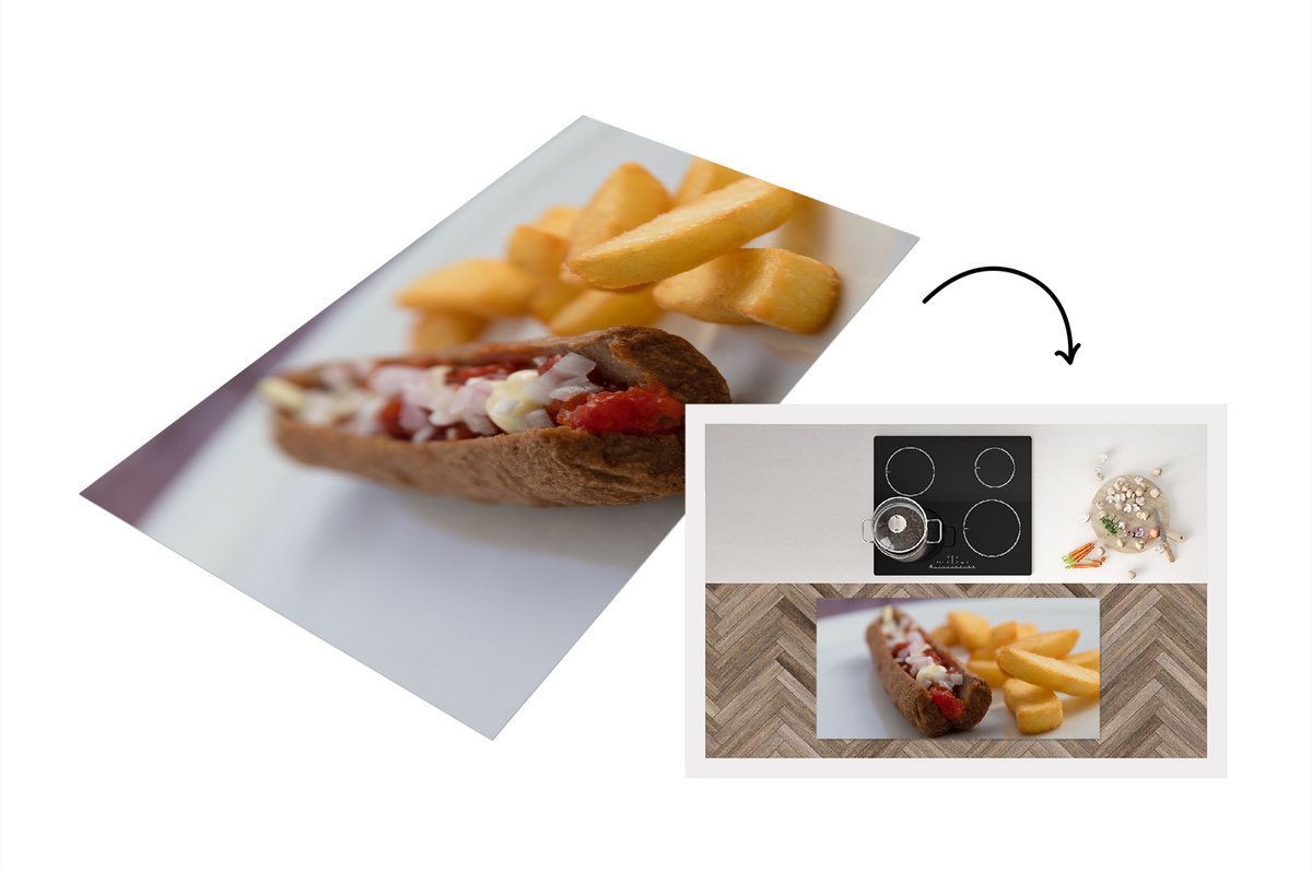 KitchenYeah Keukenloper - Loper keuken - Heerlijke frikandel speciaal met patat - 120x60 cm - Keukenloper vinyl Multicolor