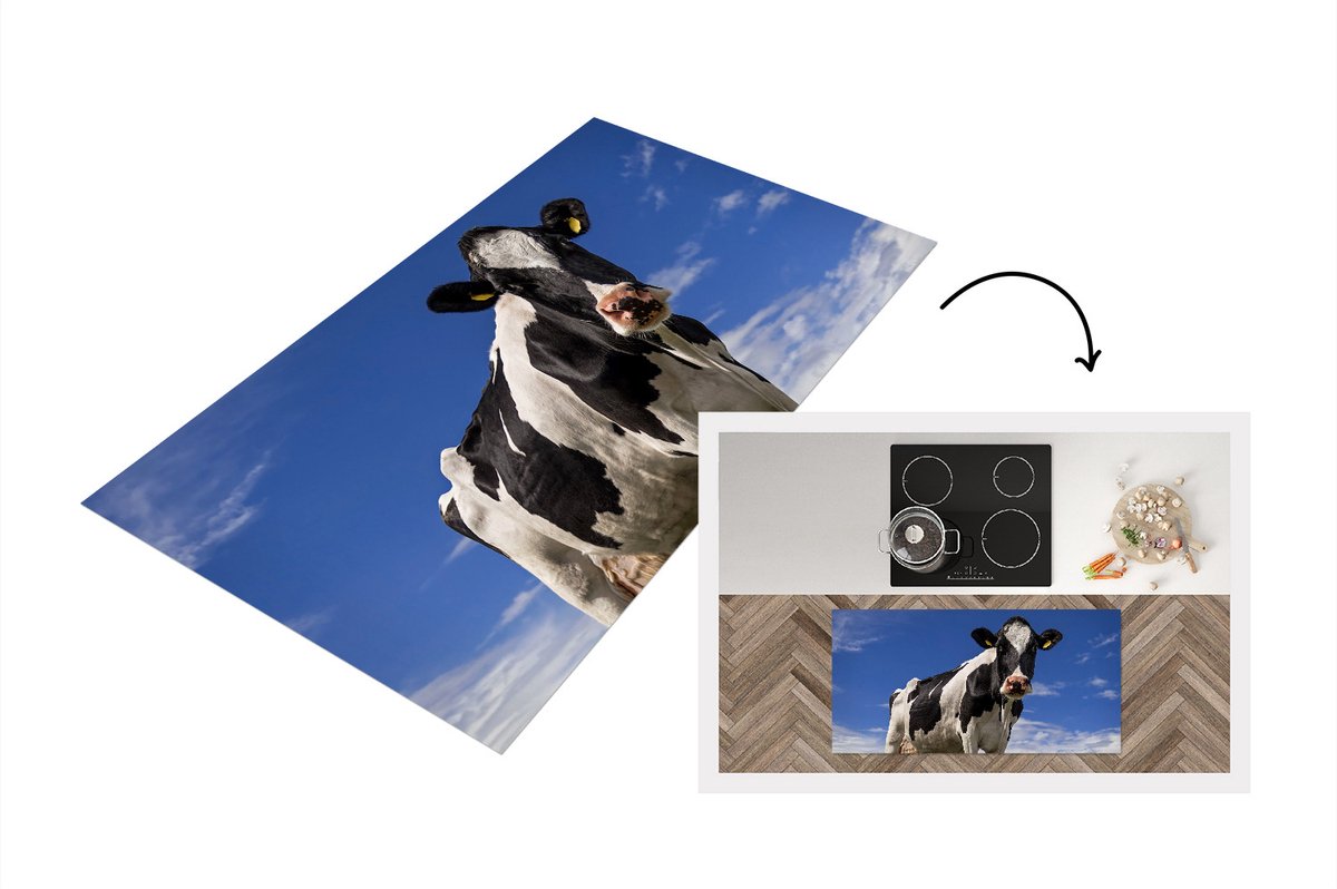 KitchenYeah Keukenloper - Loper keuken - Koe - Gras - Blauw - Dieren - 120x60 cm - Keukenloper vinyl Multicolor