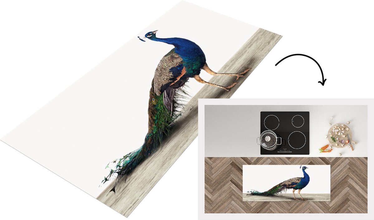 KitchenYeah Keukenloper - Loper keuken - Pauw - Veren - Vogel - Woonkamer - Slaapkamer - 120x50 cm - Keukenloper vinyl Multicolor