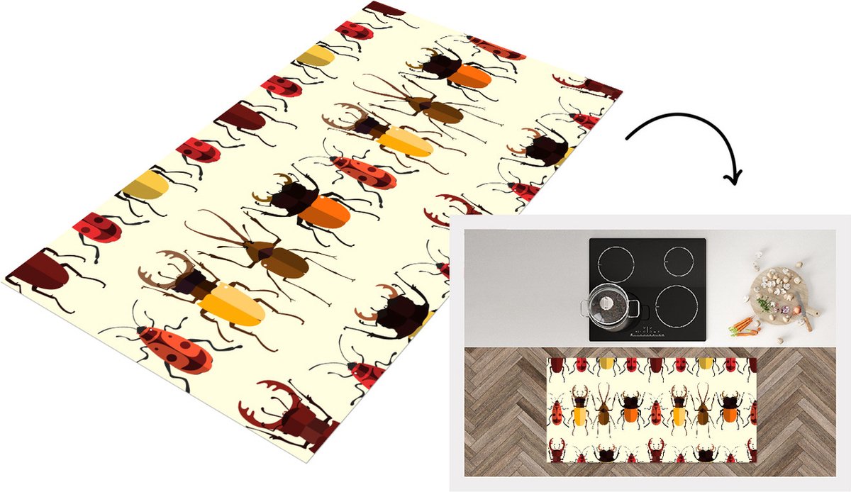 KitchenYeah Keukenloper - Loper keuken - Kever - Patronen - Insecten - 120x60 cm - Keukenloper vinyl Multicolor