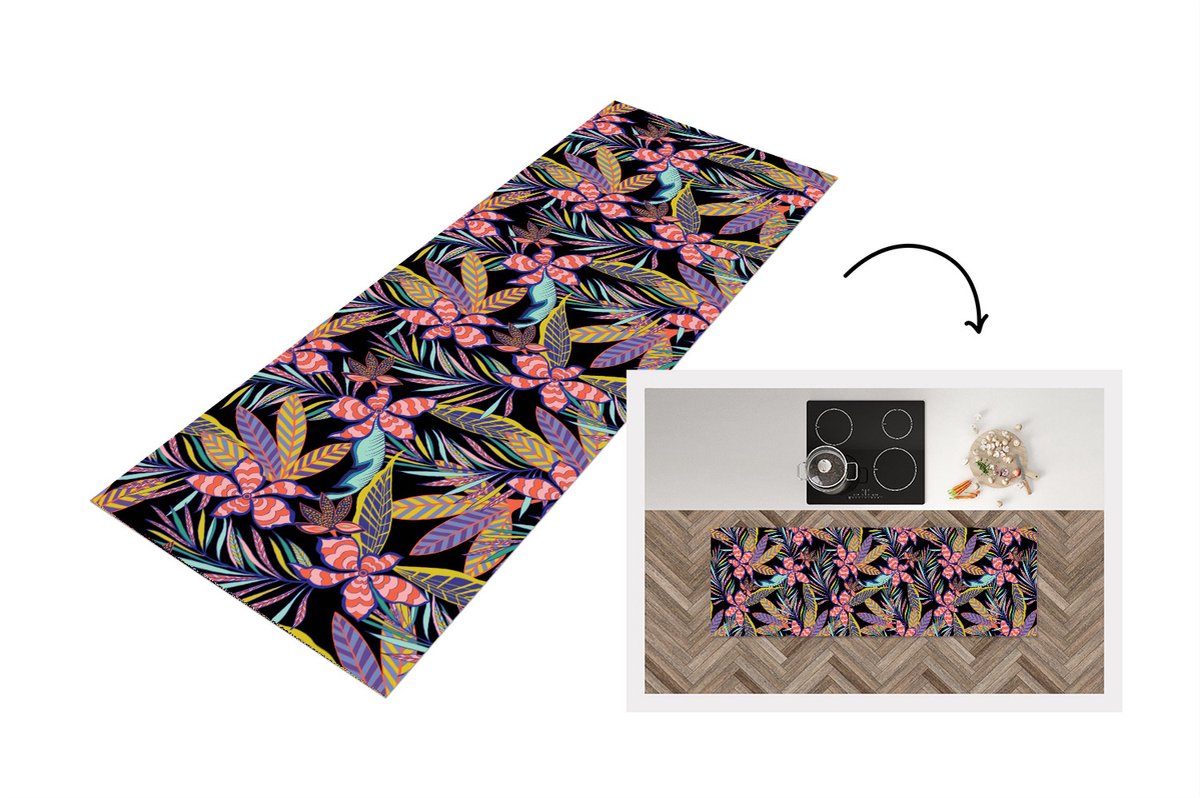 KitchenYeah Keukenloper - Loper keuken - Hawaii - Regenboog - Bloemen - Bladeren - Psychedelisch - 150x50 cm - Keukenloper vinyl Multicolor