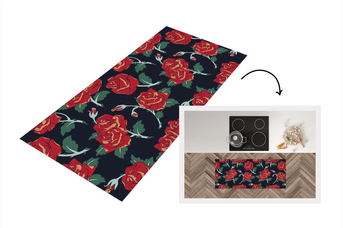 KitchenYeah Keukenloper - Loper keuken - Rozen - Bloem - Patroon - Rood - 120x50 cm - Keukenloper vinyl Multicolor