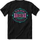 1981 The One And Only | Feest Kado T-Shirt Heren - Dames | Cobalt - Licht Roze | Perfect Verjaardag Cadeau Shirt | Grappige Spreuken - Zinnen - Teksten | Maat L
