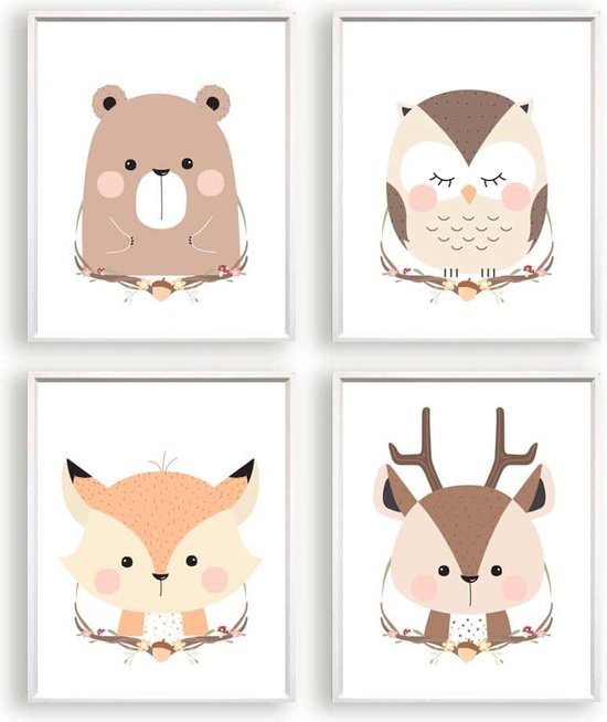 Poster Set 4 Lieve Vos Beer Hert Uil - Bos Dieren - Kinderkamer - Dieren Poster - Babykamer - Kinderposter / Babyshower Cadeau - 50x40cm - PosterCity