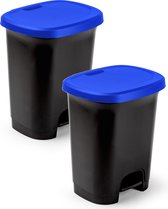 2x Stuks kunststof afvalemmers/vuilnisemmers/pedaalemmers in het zwart/blauw van 27 liter met deksel en pedaal 38 x 32 x 45 cm