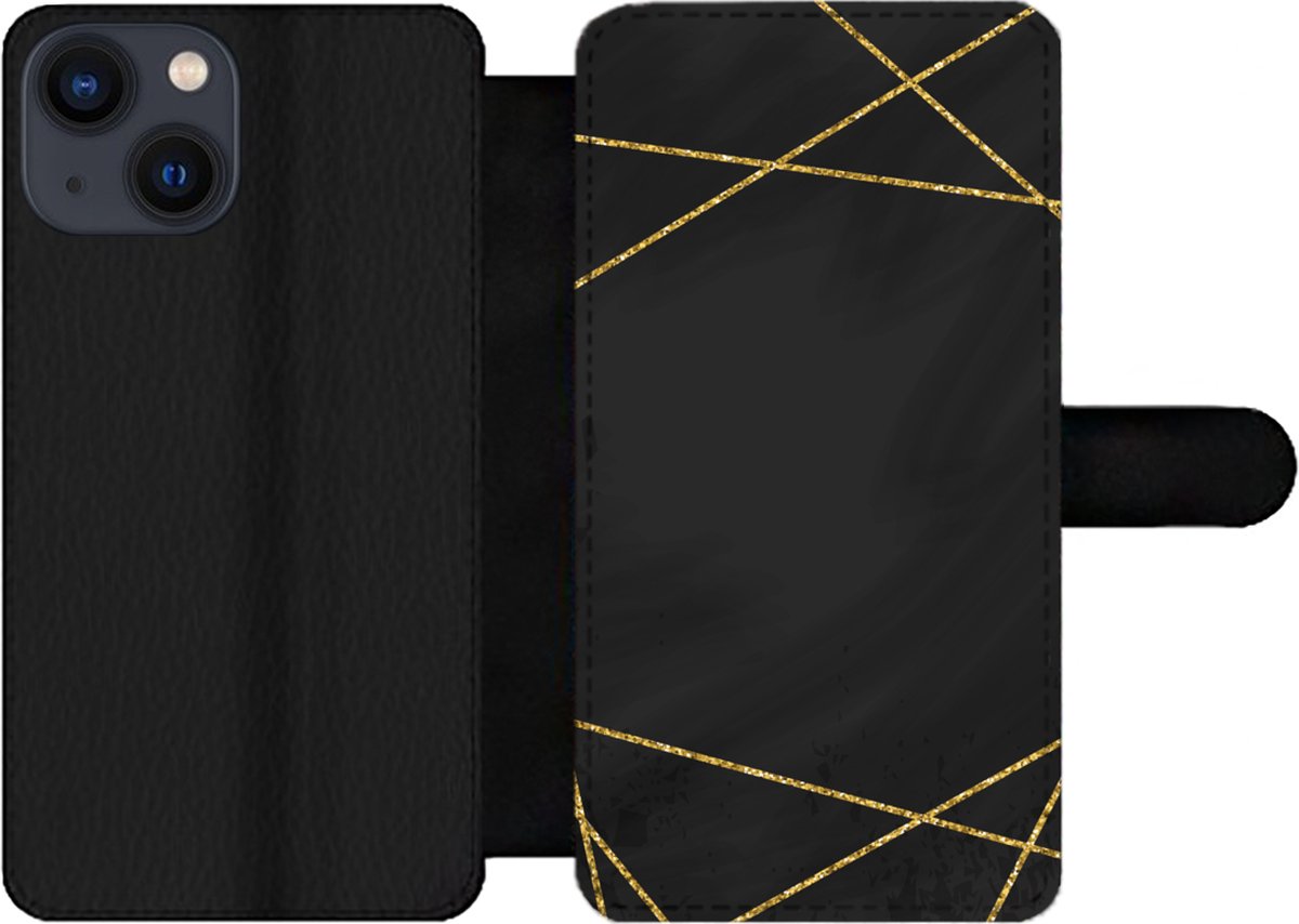Telefoonhoesje Geschikt voor iPhone 13 Mini telefoonhoesje - Geometrisch patroon van gouden lijnen op een zwarte achtergrond - Met vakjes - Wallet case met magneetsluiting