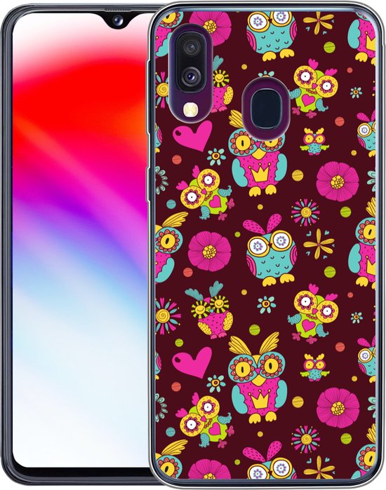 Telefoonhoesje Geschikt voor Samsung Galaxy A40 hoesje - Meisjes - Uil - Chocolade - Patronen - Girl - Kind - Kinderen - Siliconen Telefoonhoesje Telefoonhoesje