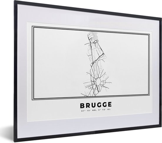 Fotolijst incl. Poster Zwart Wit- Stadskaart – Zwart Wit - Kaart – Brugge – België – Plattegrond - 40x30 cm - Posterlijst