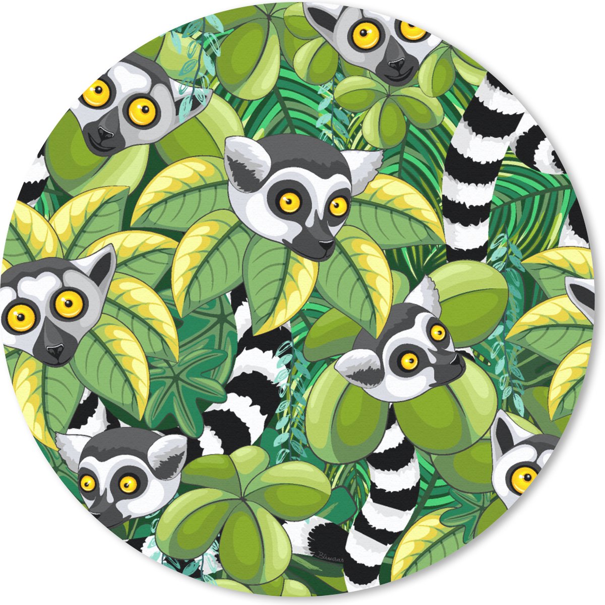 Muismat rond 40x40 cm - Mousepad Patroon - Jungle - Ringstaartmaki - Ronde muismatten
