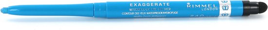Rimmel Exaggerate Waterproof Eye Definer in 240 Aqua Sparkle, een helderblauwe oogpotlood met zilveren accenten.