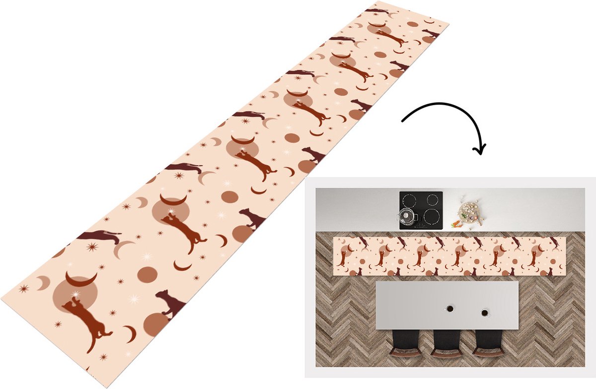 KitchenYeah Keukenloper - Keukenmat - Patronen - Kat - Maan - 360x60 cm - Keuken vloerkleed Multicolor