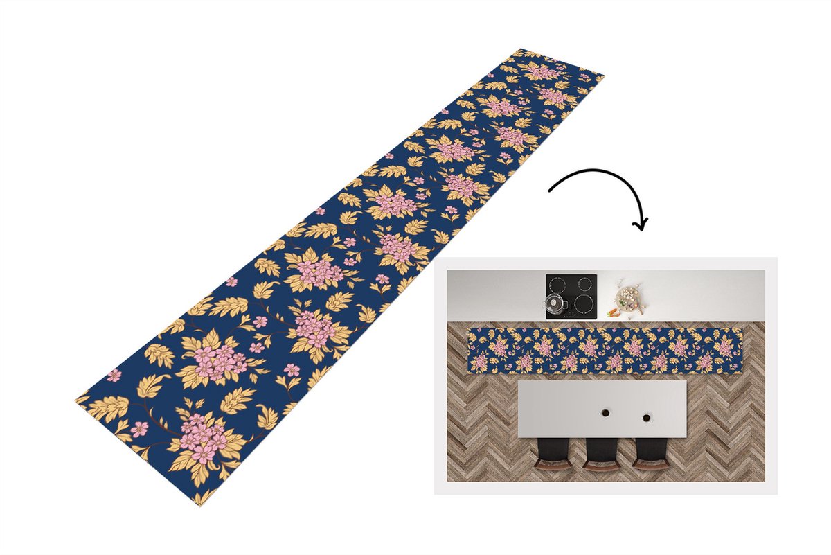 KitchenYeah Keukenloper - Keukenmat - Bloesem - Bladeren - Roze - Goud - Patronen - Keuken vloerkleed Multicolor