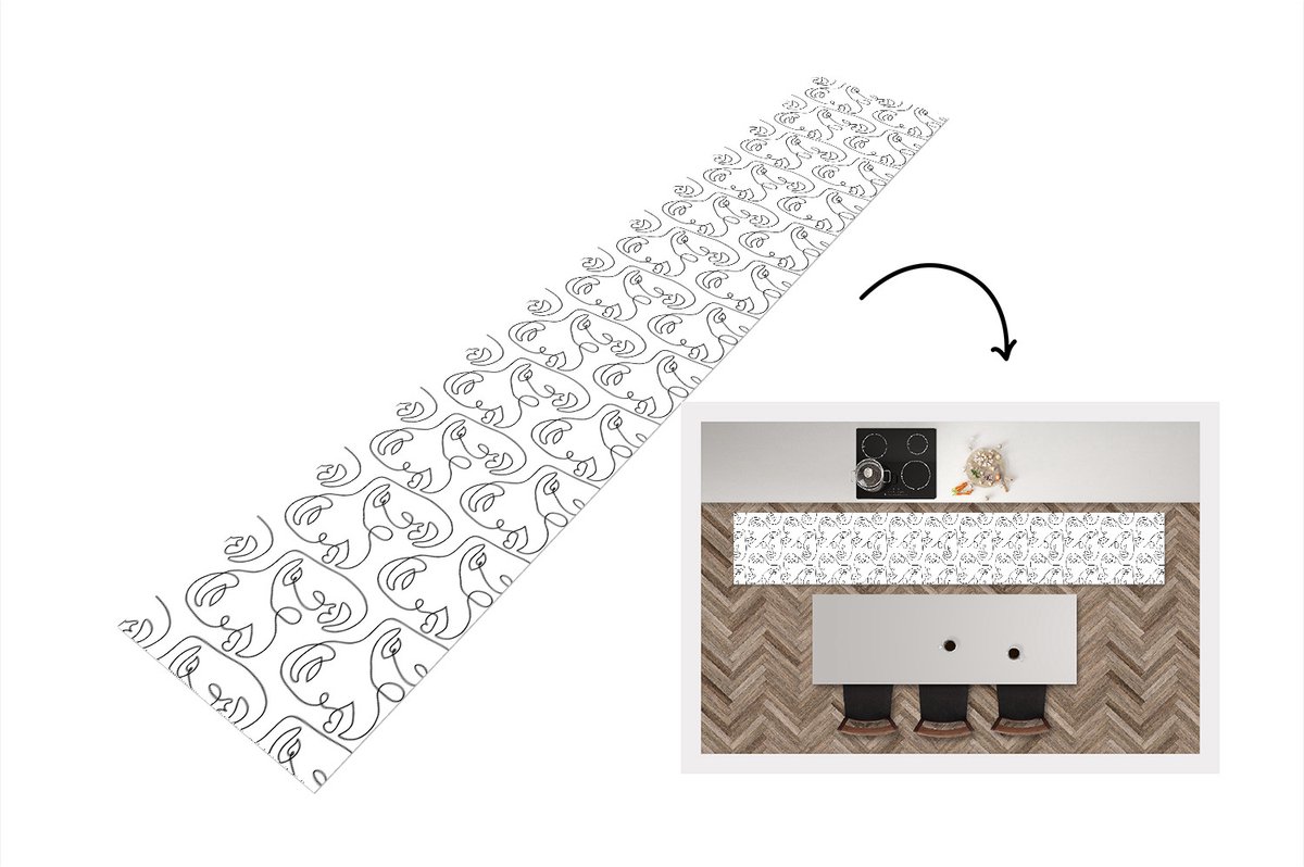 KitchenYeah Keukenloper - Keukenmat - Line Art - Patronen - Zwart Wit - 360x60 cm - Keuken vloerkleed Zwart; Wit