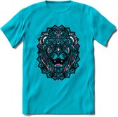 Leeuw - Dieren Mandala T-Shirt | Roze | Grappig Verjaardag Zentangle Dierenkop Cadeau Shirt | Dames - Heren - Unisex | Wildlife Tshirt Kleding Kado | - Blauw - S