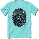 Leeuw - Dieren Mandala T-Shirt | Paars | Grappig Verjaardag Zentangle Dierenkop Cadeau Shirt | Dames - Heren - Unisex | Wildlife Tshirt Kleding Kado | - Licht Blauw - S