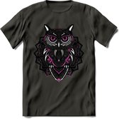 Uil - Dieren Mandala T-Shirt | Roze | Grappig Verjaardag Zentangle Dierenkop Cadeau Shirt | Dames - Heren - Unisex | Wildlife Tshirt Kleding Kado | - Donker Grijs - M