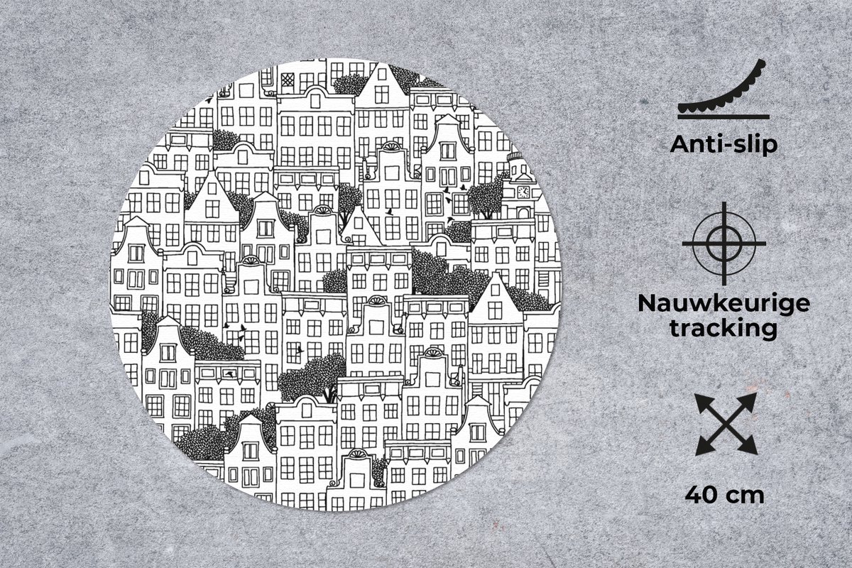 Muismat rond 40x40 cm - Mousepad Amsterdam - Grachtenpand - Zentangle - Ronde muismatten