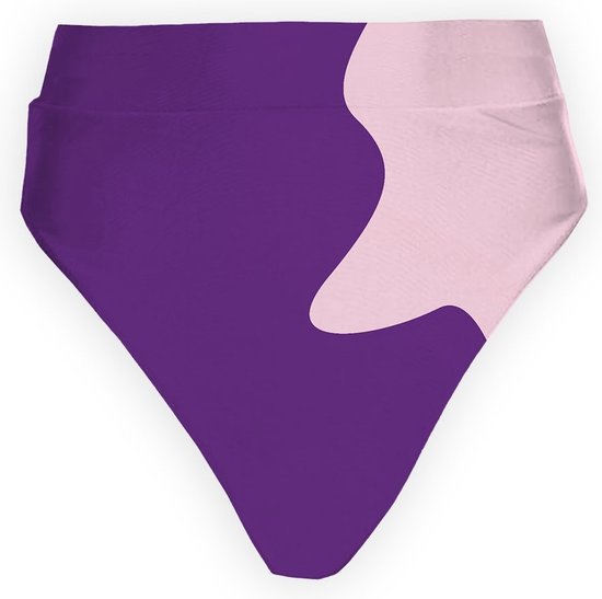 Bikinibroekje met hoge taille in paars en lichtroze met een golvend patroon.