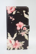 P.C.K. Hoesje/Boekhoesje/Bookcase zwart met roze bloemen print geschikt voor Apple iPhone 13 PRO MET Glasfolie