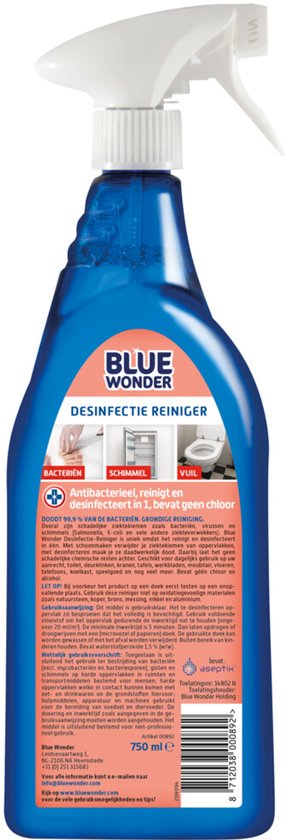 Blauwe spuitfles Blue Wonder Desinfectie Reiniger met etiket met rode en grijze iconen.